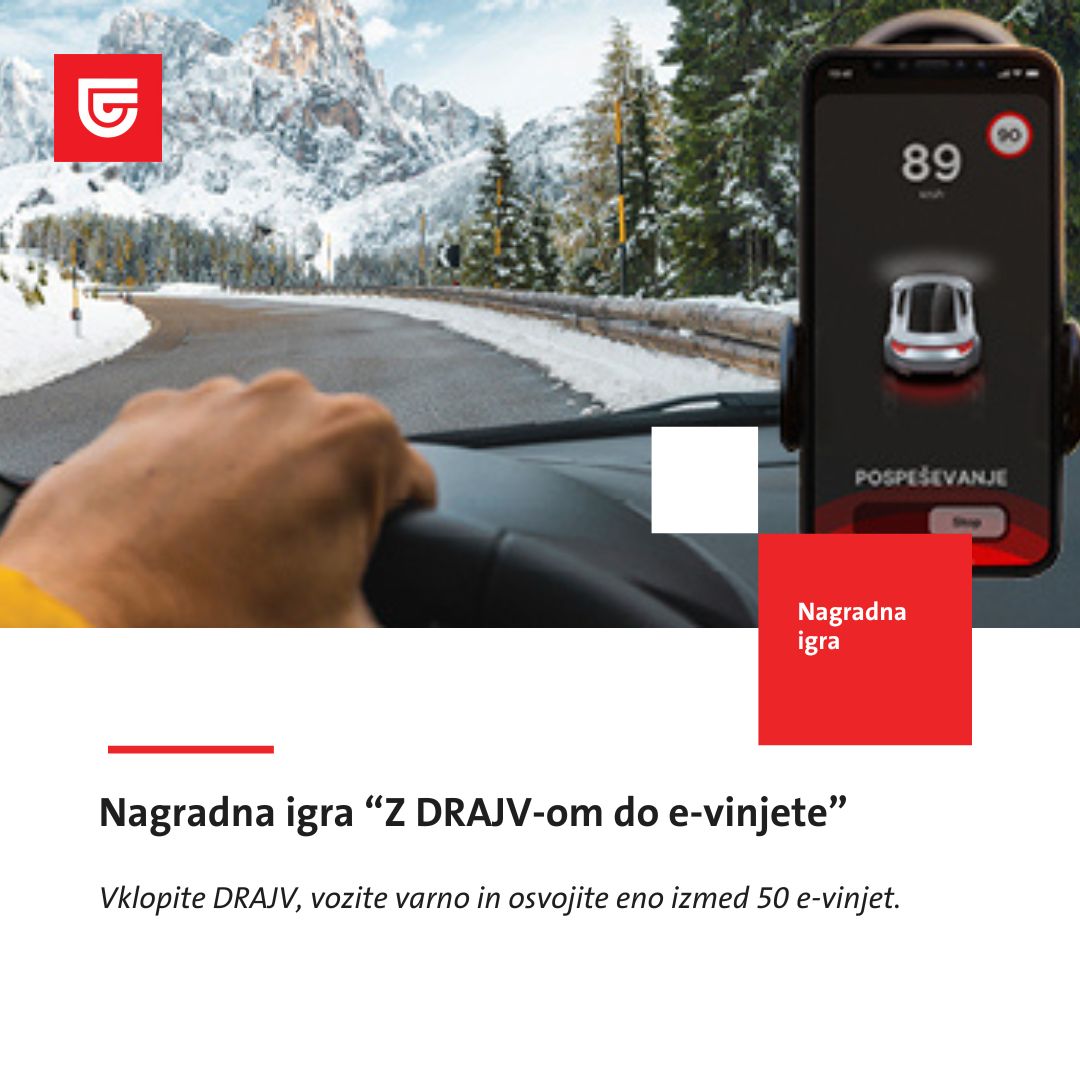 Z aplikacijo DRAJV postanite boljši voznik in si privozite brezplačno e-vinjeto. 🚗 Nagradna igra traja do 15. 1. 2023. Več informacij najdete na: bit.ly/42ZYyRz