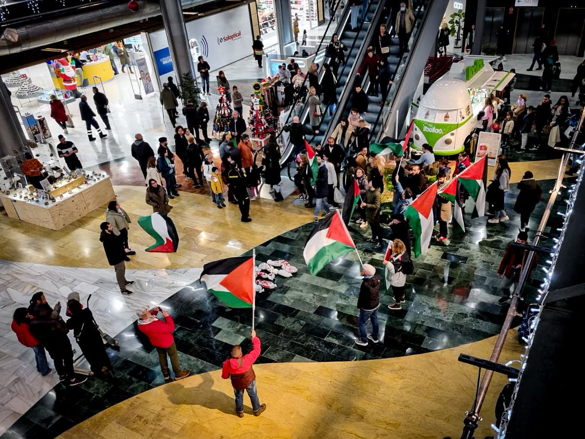 Asturies_insu's tweet photo. Semeyes de la acción sorpresa que llevó ayer a cabo Asturies Insumisa nel Carrefour del Centro Comercial Los Fresnos de Xixón, en protesta pola collaboración d'esta multinacional col exércitu Israelín y en solidaridá col Pueblu Palestín. https://t.co/WNMJDVQSpM