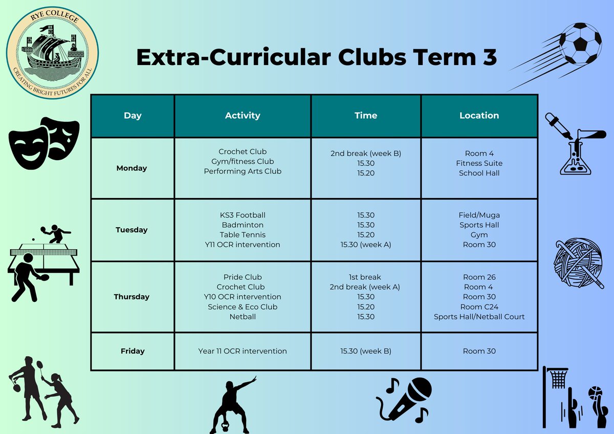 ⭐ Sharing Term 3's extra-curricular clubs timetable Don't forget our daily Breakfast Club from 8am in the canteen where all students are welcome to start their day with free hot drinks, juices, cereals, crumpets and toast. 🥣