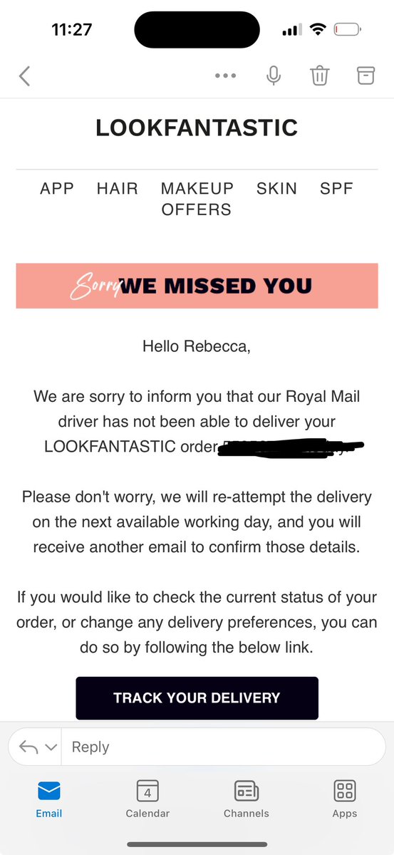 BecciAvery's tweet photo. @LookfantasticCS I’ve just received an email from yourselves saying royal mail were unable to deliver my item today..
However when I check their app for tracking, it’s still out for delivery?
There’s no calling card either. https://t.co/KKsKccwLYo