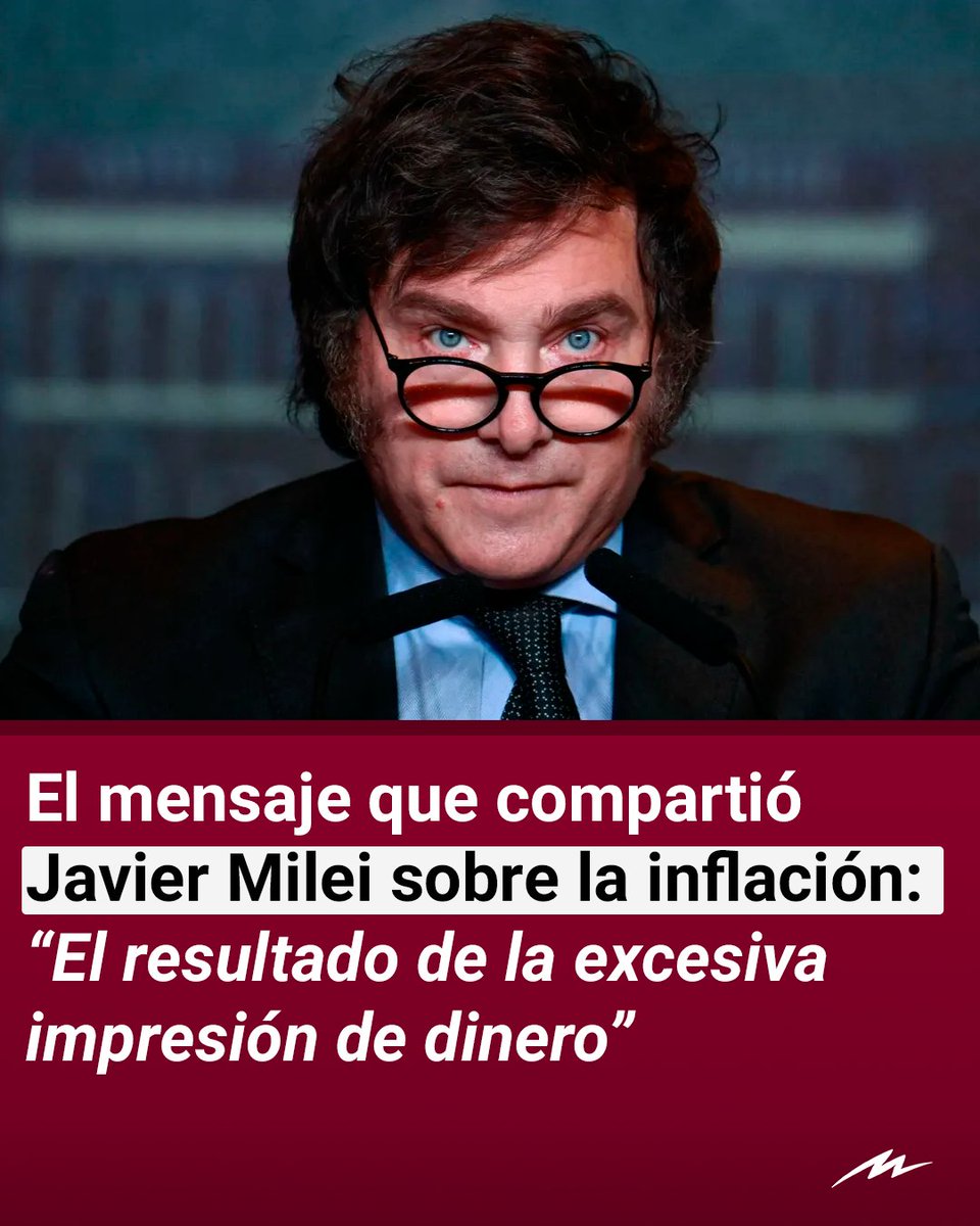 radiomitre's tweet photo. 📢 Durante la madrugada, Javier Milei compartió un mensaje en su cuenta de X para explicar la alta inflación.

💬 El presidente citó al economista estadounidense y filósofo libertario Henry Hazlitt. “Las causas de la inflación no son, como suele decirse, múltiples y complejas, sino simplemente el resultado de la excesiva impresión de dinero”, decía la frase.

👉 El tuit de la cuenta “Escuela Austriaca de Economía” estaba acompañado por el siguiente mensaje: “Una frase acorde a la realidad argentina, no debemos olvidar que llevamos 23 años de alta inflación, además la inflación que estamos pasando es exclusivamente del gobierno anterior”.