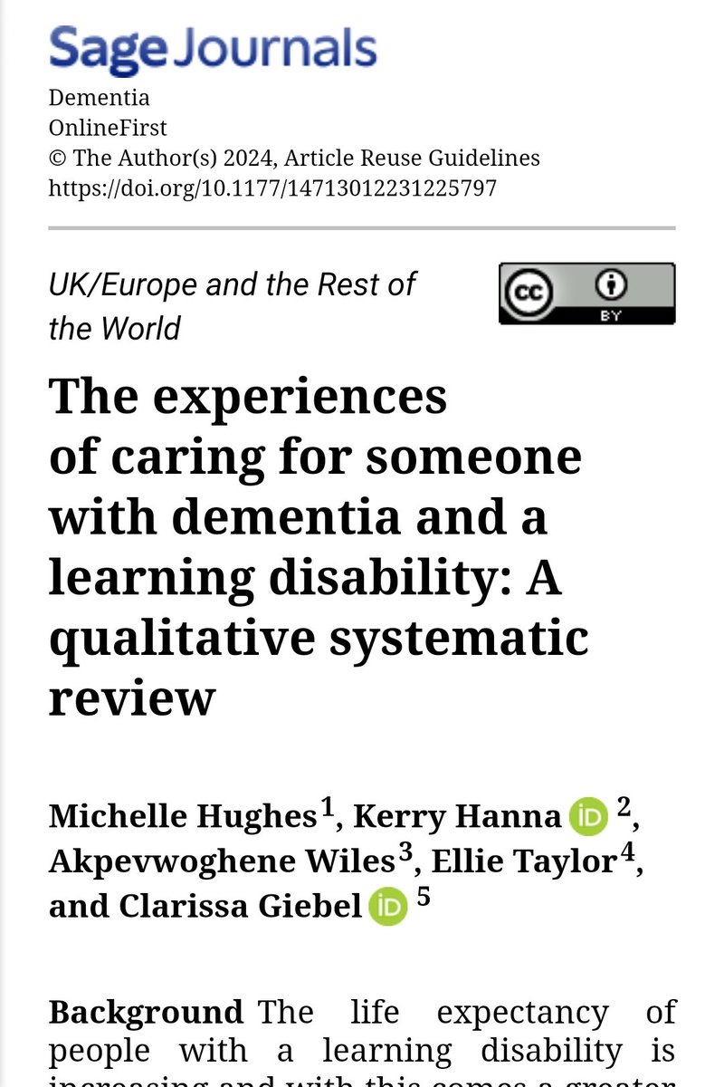 🗞 First paper of 2024 published - take a look at our latest systematic review on the experiences of caring for someone with #dementia and a learning disability #LD in @DementiaJournal : journals.sagepub.com/doi/10.1177/14…