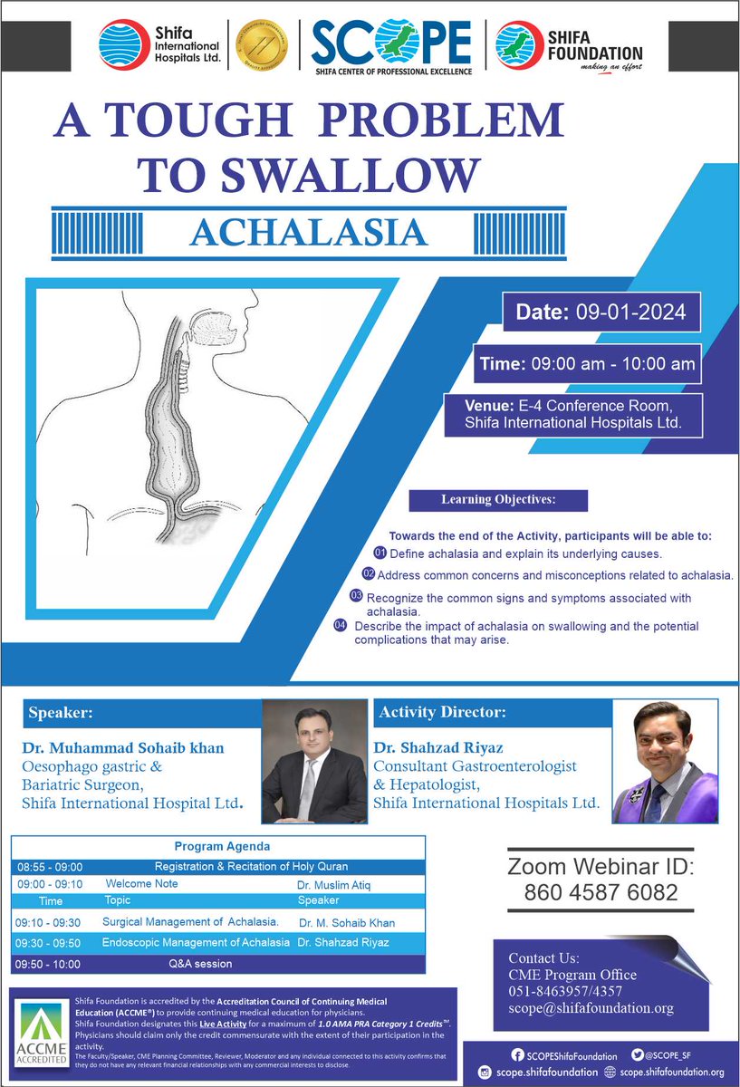 Join us on Tuesday, January 09, 2024 at 09:00 am - 10:00 am and Learn about "A Tough Problem To Swallow - Achalasia"
Zoom Link: us06web.zoom.us/j/86045876082
Zoom Webinar ID: 860 4587 6082