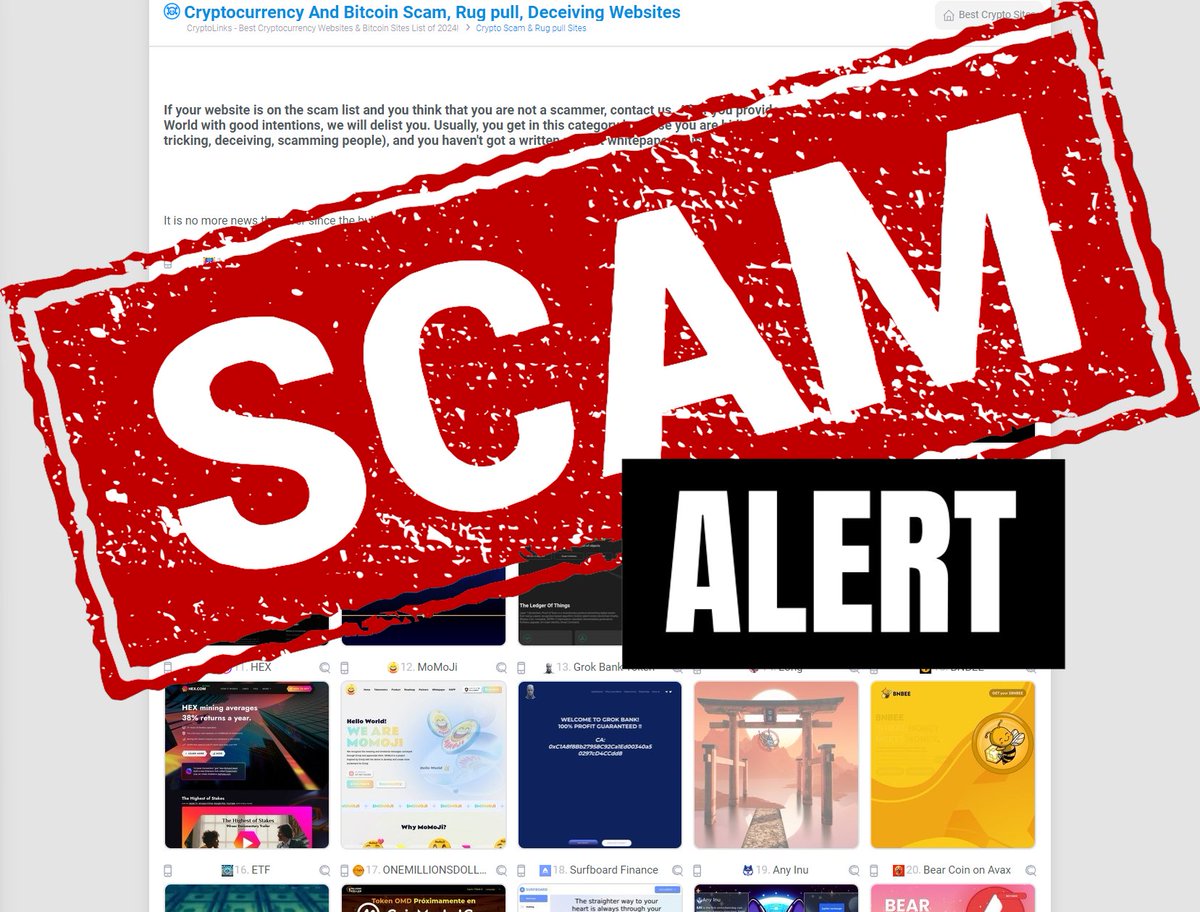 Cryptolinkscom's tweet photo. 🔎 Unmasking Scams Daily! At https://t.co/vkaHkVWpsy, we've exposed 1000+ crypto scams in the last few months alone. Be a smart investor! Visit us to stay safe: 👉https://t.co/igxB8BNGBR #StayAlert #Bitcoin @SDogeonsolana   #BTCETF #Ethereum #ETH #BNB #Solana #SOL #crofam https://t.co/WOXYza3ELy