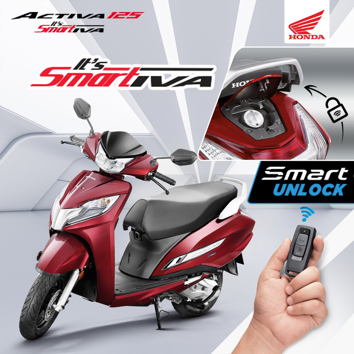honda2wheelerin's tweet image. No key in hand? No problem! With the Smart Key feature of Activa125, when the key is within the 2 meter range, push and rotate the knob effortlessly to unlock your seat, fuel cap, and handle. 

#Honda #thepowerofdreams #Activa125