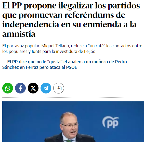 AlanBarrosoA's tweet photo. La cosa funciona así:

1. Intentas pactar con Junts la investidura de Feijóo.
2. No lo consigues.
3. Insultas a Sánchez por conseguirlo.
4. Propones ilegalizar a quien propusiste un pacto.

Plan redondo. Te propongo pactar y si no quieres, te ilegalizo. https://t.co/WbiaEdrmwS