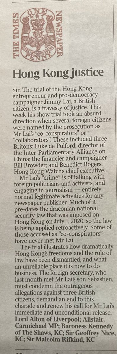 Lord (David) Alton (@davidaltonhl) on Twitter photo Today’s Times: why <a href="/David_Cameron/">David Cameron</a> should demand an end to the charade that passes for justice in Hong Kong. <a href="/hk_watch/">Hong Kong Watch</a> <a href="/thecfhk/">The Committee for Freedom in Hong Kong Foundation</a> <a href="/ipacglobal/">Inter-Parliamentary Alliance on China (IPAC)</a> <a href="/Stand_with_HK/">Fight For Freedom. Stand With Hong Kong. 重光團隊</a> <a href="/caoilfhionnanna/">Caoilfhionn Gallagher KC</a> <a href="/MPIainDS/">Iain Duncan Smith MP Chingford & Woodford Green</a> <a href="/HelenaKennedyKC/">Baroness Helena Kennedy KC</a> <a href="/amcarmichaelMP/">Alistair Carmichael MP</a> <a href="/Billbrowder/">Sir William Browder KCMG</a> <a href="/SupportJimmyLai/">#FreeJimmyLai</a> #FreeJimmyLai Today’s Times: why <a href="/David_Cameron/">David Cameron</a> should demand an end to the charade that passes for justice in Hong Kong. <a href="/hk_watch/">Hong Kong Watch</a> <a href="/thecfhk/">The Committee for Freedom in Hong Kong Foundation</a> <a href="/ipacglobal/">Inter-Parliamentary Alliance on China (IPAC)</a> <a href="/Stand_with_HK/">Fight For Freedom. Stand With Hong Kong. 重光團隊</a> <a href="/caoilfhionnanna/">Caoilfhionn Gallagher KC</a> <a href="/MPIainDS/">Iain Duncan Smith MP Chingford & Woodford Green</a> <a href="/HelenaKennedyKC/">Baroness Helena Kennedy KC</a> <a href="/amcarmichaelMP/">Alistair Carmichael MP</a> <a href="/Billbrowder/">Sir William Browder KCMG</a> <a href="/SupportJimmyLai/">#FreeJimmyLai</a> #FreeJimmyLai