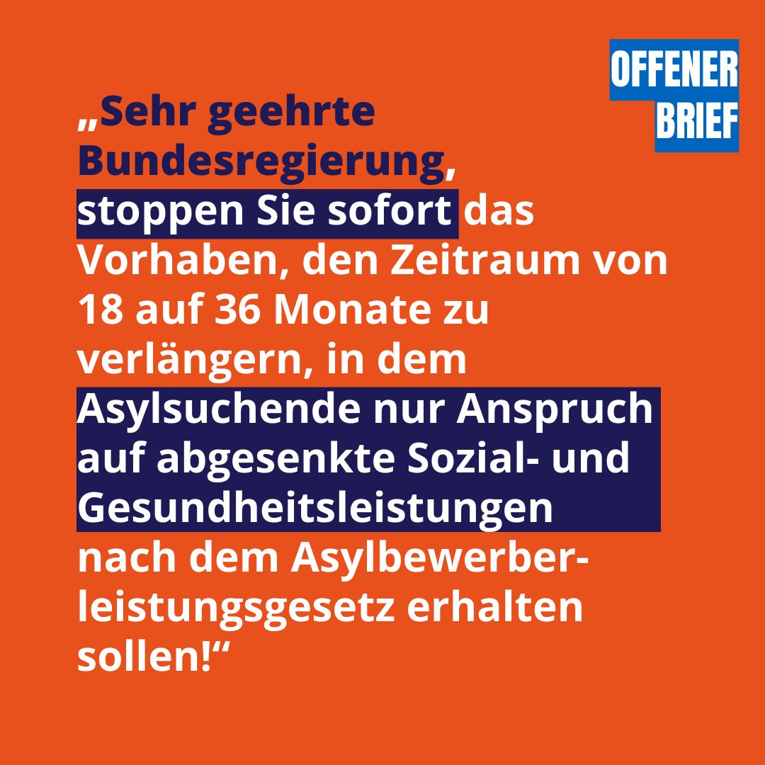 50 Organisationen haben den offenen Brief an die Bundesregierung unterzeichnet.
Unsere Botschaft: Die geplante Verlängerung des Zeitraums, in dem Asylsuchende nur reduzierte Sozial- und Gesundheitsleistungen zustehen, muss gestoppt werden!
#AsylBLG #refugeeswelcome #Gesundheit