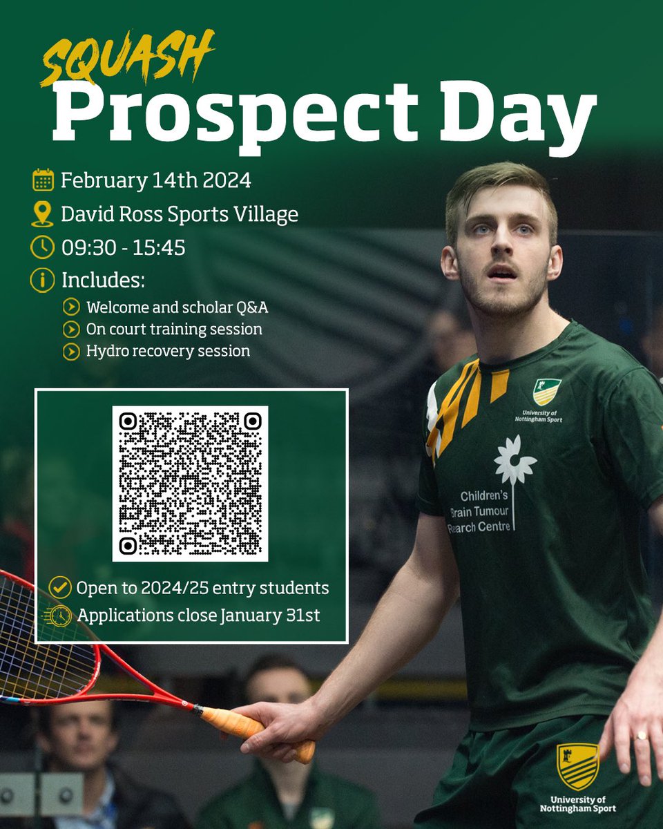 🏆 Explore your squash potential at UoN Squash Prospects Day on Feb 14, 2024, at David Ross Sports Village! 🎾 Join for on-court training, Q&amp;A, and more. Open to 2024/25 entry students. Apply by Jan 31st! #SquashProspects #UoNSports #FutureSquashStars 

tr.ee/l1c9bit5yZ