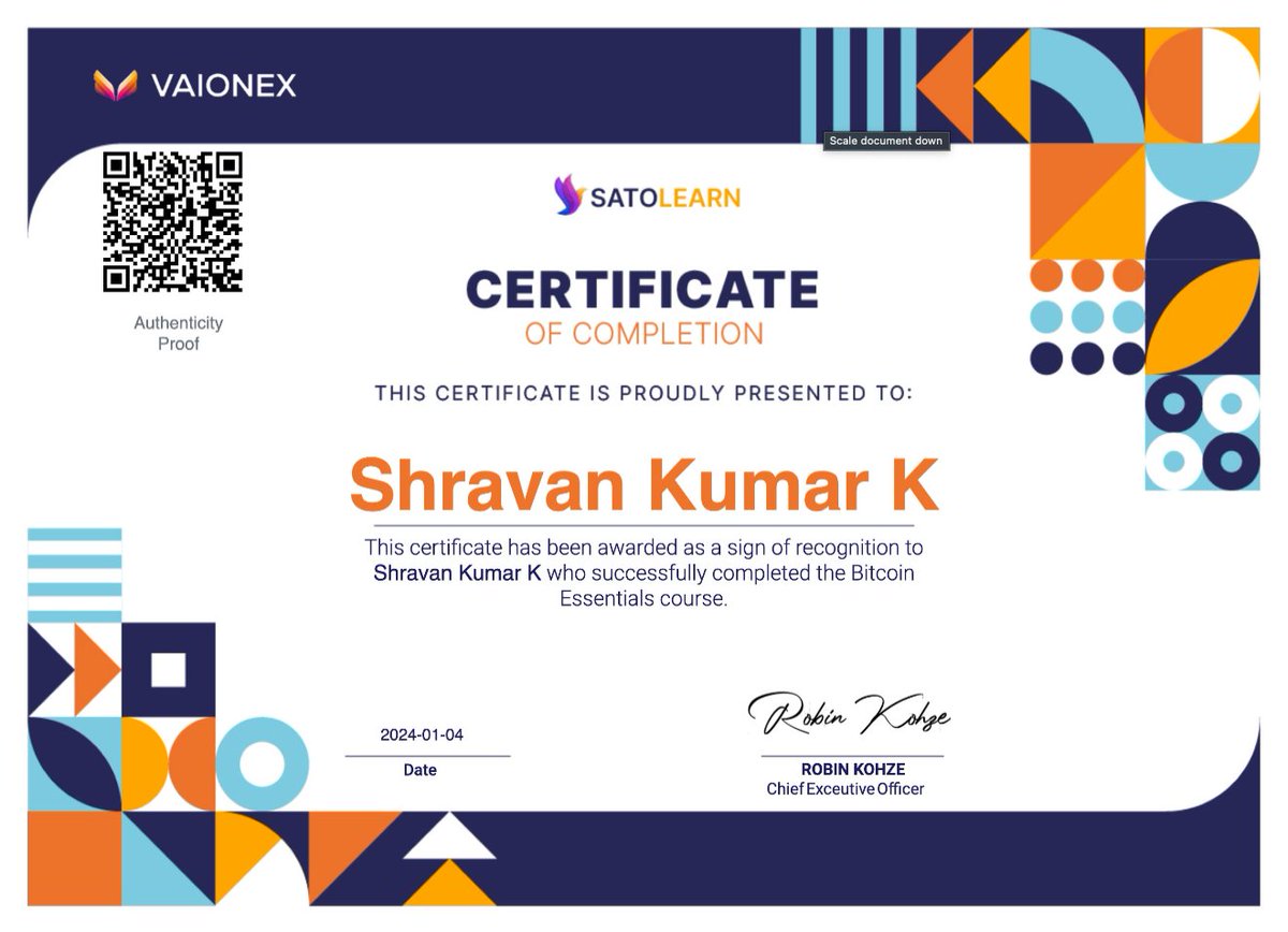 I got my Bitcoin Essentials certificate from Satolearn! check it out ! satolearn.com/cert/6j7Ccm 

Thanks <a href="/rob_GCC/">Rob</a> I've learned so much and it's been awesome! #Thankful

#Bitcoin #bitcoinsv #bsvblockchain #relysia #vaionex