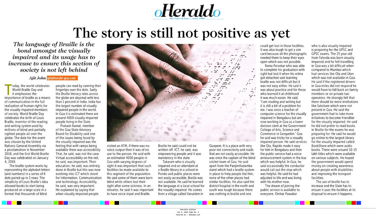 Thanx  Ajit John and @Oheraldogoa today for this wonderful write up on Braille and ICT Accessibility for persons with full visual impairement and of low vision.
<a href="/FirstSutraFdn/">First Sutra Foundation</a> <a href="/mahadevSawant45/">mahadev Sawant</a> @tukaramgaonkar4 <a href="/Sugamyata/">Ashutosh Singhal</a> <a href="/discommgoa/">Goa State Commission for Persons with Disabilities</a> <a href="/OmkarSantoshPa1/">Omkar Santosh Pawaskar</a> <a href="/parsekarrama821/">@parsekarrama82</a> <a href="/tahahaaziq/">taha haaziq</a>