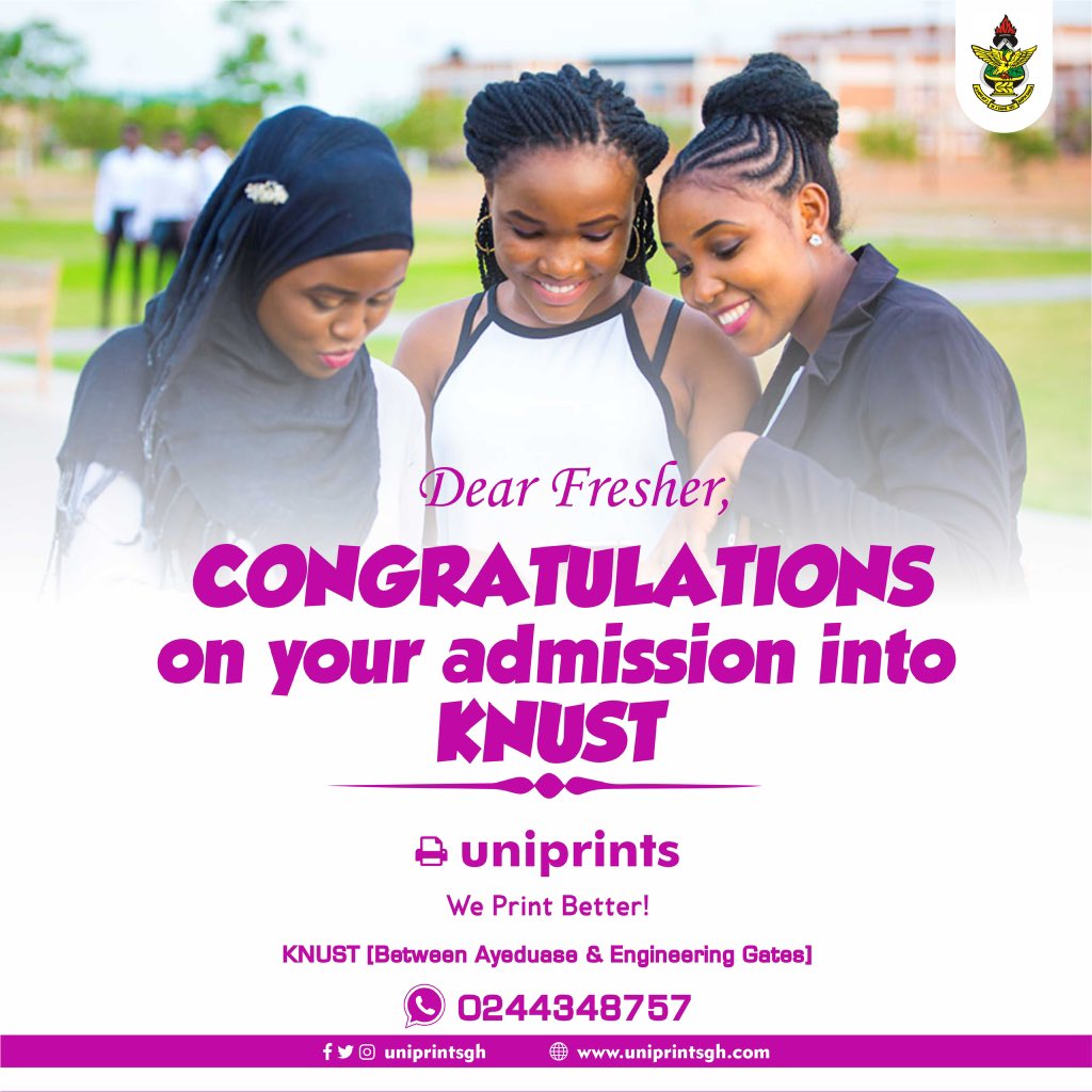 uniprintsgh's tweet photo. Dear Fresher, Congratulations on your admission into KNUST. #uniprintsgh #WePrintBetter #KNUST https://t.co/LCkIcuefx4