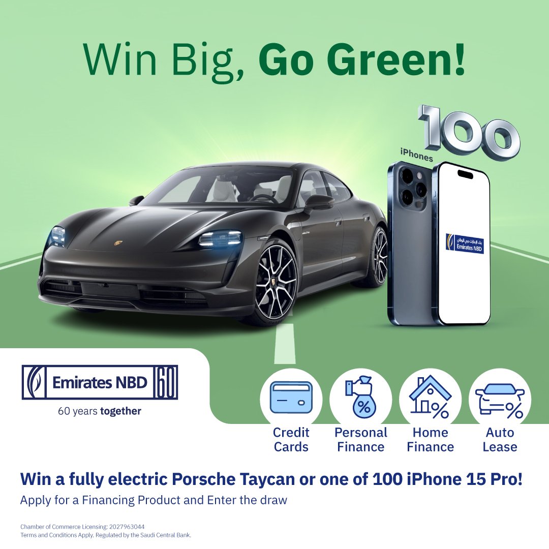 EmiratesNBD_KSA's tweet photo. Get more than just financial solutions! Apply for any of our Financing Products or Credit Cards and get a chance to win the all-electric Porsche Taycan or an iPhone 15 Pro!
Don’t miss out!
Apply now: https://t.co/b0KsNWZUW5
#EmiratesNBDKSA #LuckyDrawCampaign https://t.co/5N2a3g4oTQ