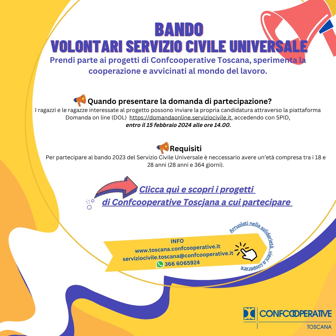 Confcooperative Toscana (@toscanaconfcoop) on Twitter photo SERVIZIO CIVILE UNIVERSALE: PUBBLICATO IL BANDO PER LE SELEZIONI DEI VOLONTARI
79 progetti di <a href="/ConfcoopToscana/">ConfcooperativeT</a> da attivare, scopri quali e come fare a questo link:
toscana.confcooperative.it/News/Primo-Pia…
Vi aspettiamo!
<a href="/ForumSCN/">Forum ServizioCivile</a> <a href="/FedSolidarieta/">Federsolidarietà IT</a> #serviziocivileuniversale #serviziocivile #toscana SERVIZIO CIVILE UNIVERSALE: PUBBLICATO IL BANDO PER LE SELEZIONI DEI VOLONTARI
79 progetti di <a href="/ConfcoopToscana/">ConfcooperativeT</a> da attivare, scopri quali e come fare a questo link:
toscana.confcooperative.it/News/Primo-Pia…
Vi aspettiamo!
<a href="/ForumSCN/">Forum ServizioCivile</a> <a href="/FedSolidarieta/">Federsolidarietà IT</a> #serviziocivileuniversale #serviziocivile #toscana