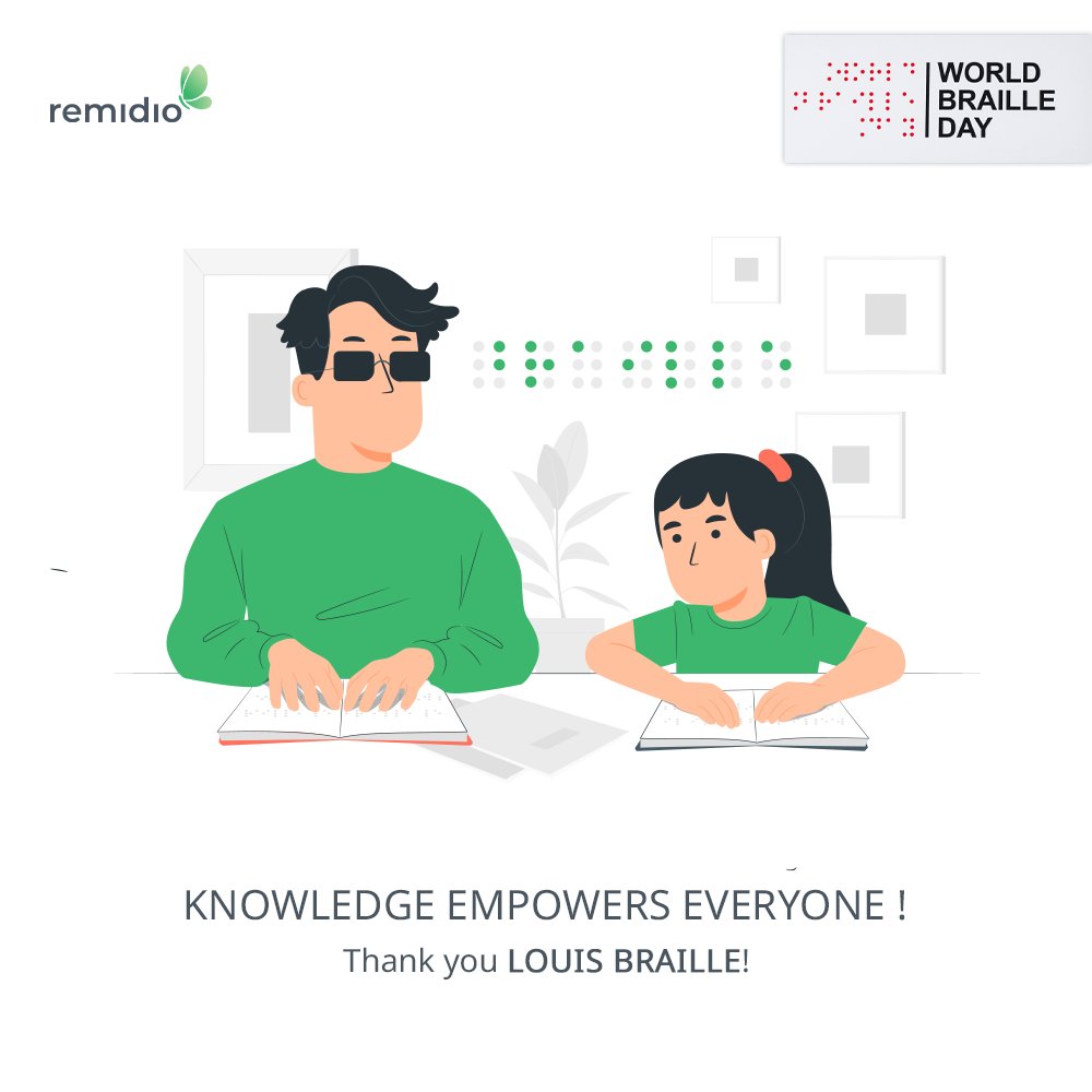 Remidioconnect's tweet photo. This #WorldBrailleDay, #Remidio pays homage to #LouisBraille, the inventor of the 200-year-old language that continues to empower millions through #braille literacy even today, thus balancing the scale of knowledge for the visually impaired!

#visionwellness #preventingblindness https://t.co/hCajwq4YkW