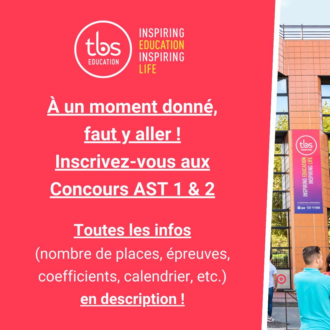 🔴Inscrivez-vous au concours AST de <a href="/tbs_education/">TBS Education</a> !
✅Prenez le temps nécessaire pour découvrir les 3 bonnes raisons de choisir le PGE de TBS Education en 2024 !
▶️Alternance
▶️4 campus : Toulouse, Paris, Barcelone et Casablanca
▶️100% des étudiant(e)s doubles-diplomés