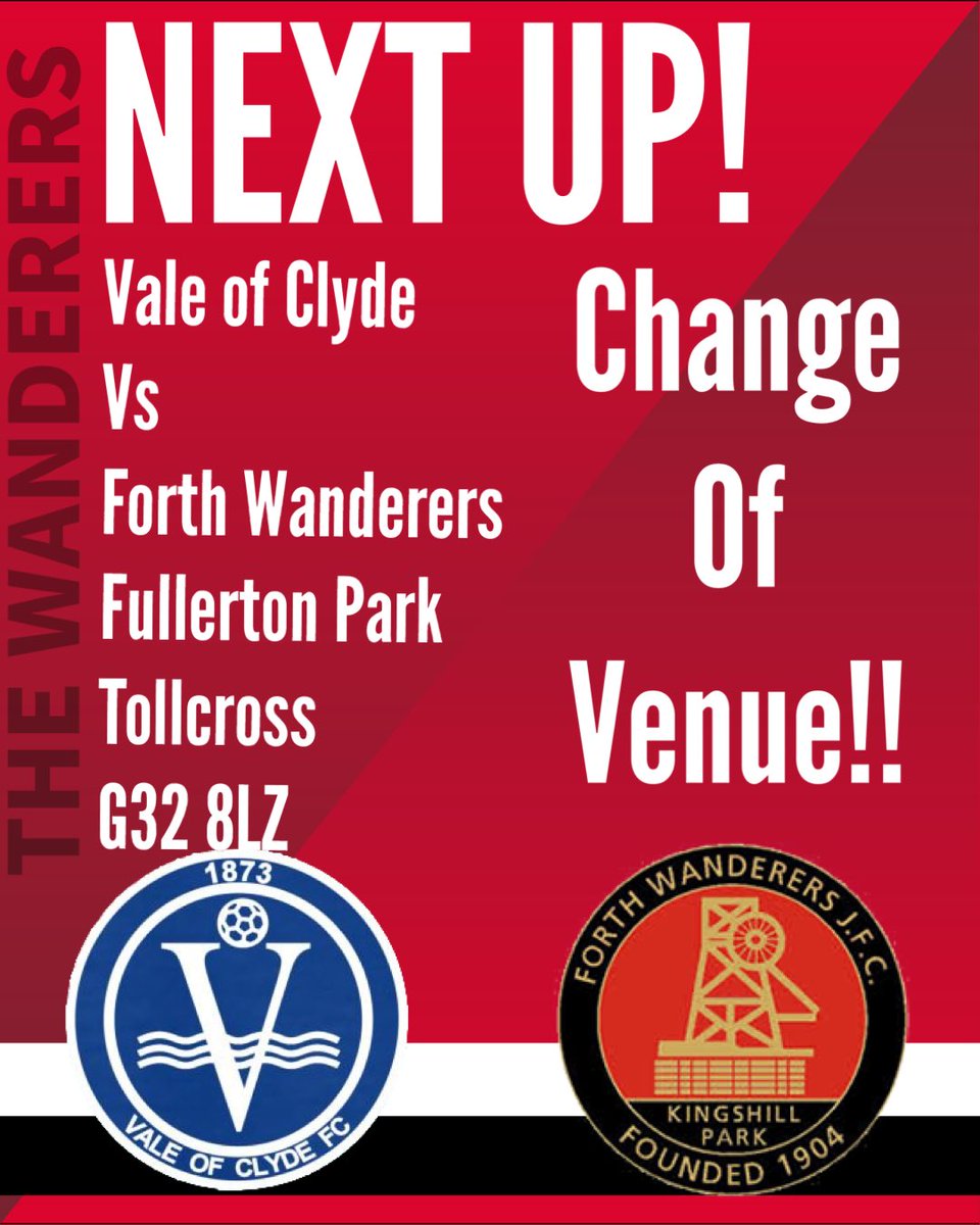 ⚫️🔴Venue Change🔴⚫️

Our game Vs Vale Of Clyde has now been switched to Fullerton Park.  

Details blow:

🗓️ Sat 6th January
🆚 <a href="/ValeOfClydeJnrs/">Vale of Clyde FC</a> 
🏟️ Fullerton Park, Tolcross
🏆 League
⏰ 1:30pm KO
