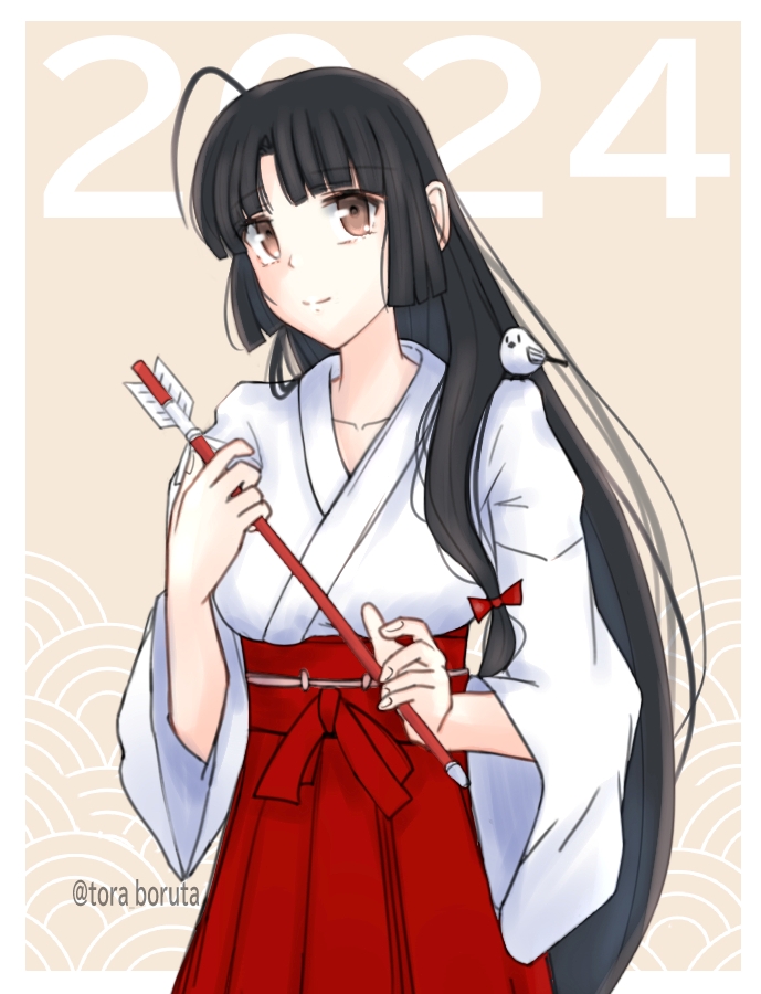 shouhou (kancolle) 1girl long hair japanese clothes black hair arrow (projectile) brown eyes ahoge  illustration images