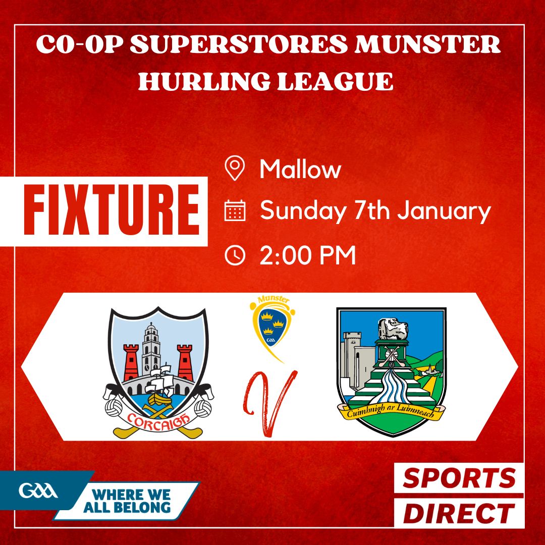 The Co-Op Superstores Munster Hurling League Group A Round 1 Cork v Limerick takes place on Sunday at 2:00pm in Mallow. Purchase tickets here universe.com/events/co-op-s….

#SportsDirectIreland #BorntoPlay