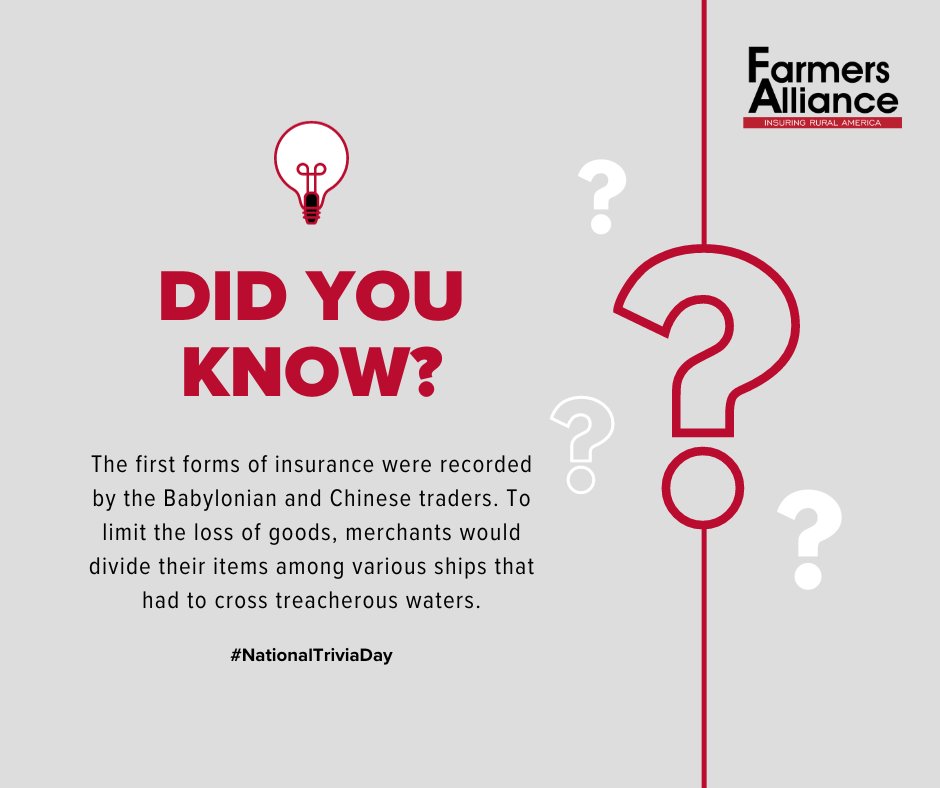 farmersalliance's tweet image. Did you know that the first insurance contract dates back to 1347, and they were utilizing different forms of insurance even earlier than that? This #TriviaDay, we’re delving into the fascinating world of insurance! #NationalTriviaDay #InsuranceTrivia