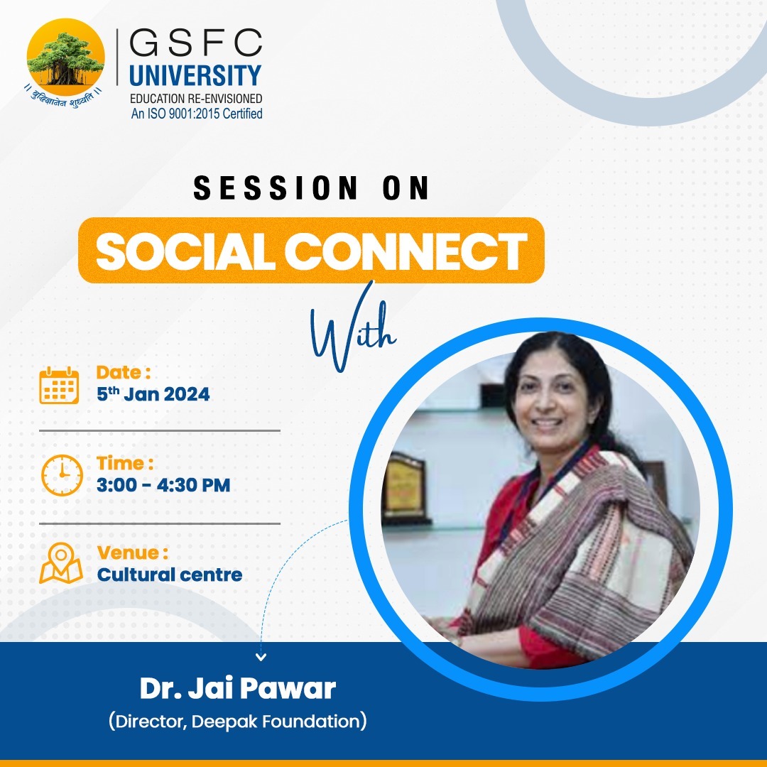 GSFCUniversity's tweet image. Join us for an engaging session on "Social Connect" with Dr. Jai Pawar. She has been working with the Deepak Foundation as Director, for the past 12 years and handling projects related to livelihood, skills building, research, and development.
#SocialConnect #FoundationCourse