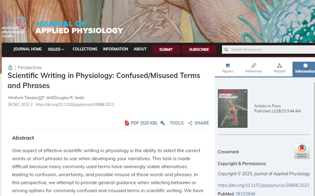 Thursday read in #JAPPL #ArticlesInPress

Scientific Writing in Physiology: Confused/Misused Terms and Phrases

Hirofumi Tanaka and Douglas R. Seals
ow.ly/COUZ50Qn77z