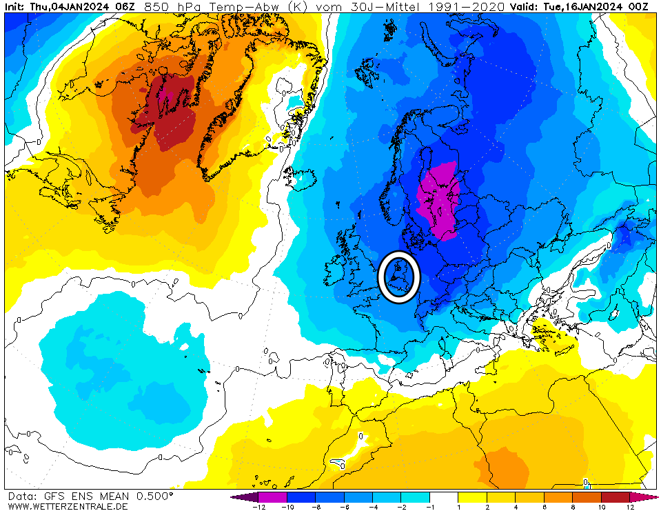 Indrukwekkende prognose voor de periode van 10 tot 15 januari 2024. Forse #afkoeling in het Amerikaans weermodel aanstaande met kans op #ijsdagen en mogelijk later ook #sneeuw. Trend voor de weerliefhebbers evolueert dus zeer gunstig. (cirkel = Benelux).