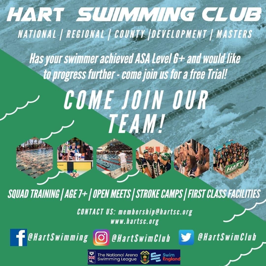 HartSwimClub's tweet photo. Join Hart Swimming Club. Are a child looking to progress from swimming lessons, a teenager looking to compete with a club or an adult swimmer looking for coached lane swimming
Based at Hart Leisure Centre, we have a squad for all abilities! 
Get in touch to organise a FREE trial! https://t.co/hDQXYxDmiF