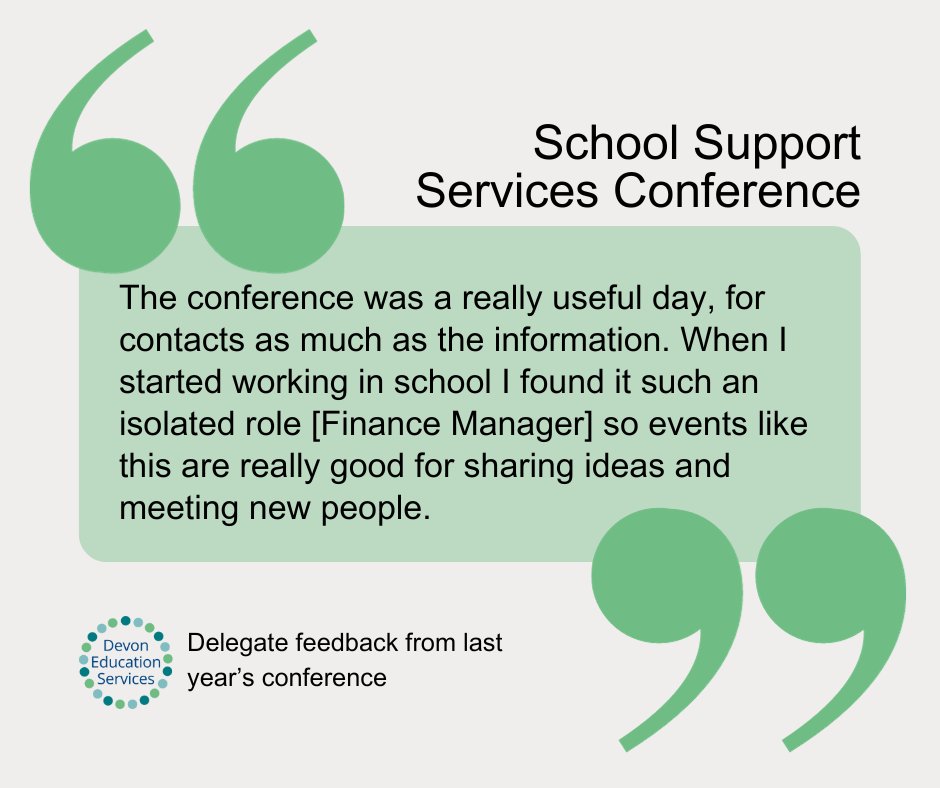 Devon Education Services (@devonedservices) on Twitter photo School Support Services Conf 31 Jan 2024 - book now: soc.devon.cc/Devon_Educatio…
"The conference was a really useful day, for contacts as much as the information. Events like this are really good for sharing ideas and meeting new people." School Support Services Conf 31 Jan 2024 - book now: soc.devon.cc/Devon_Educatio…
"The conference was a really useful day, for contacts as much as the information. Events like this are really good for sharing ideas and meeting new people."