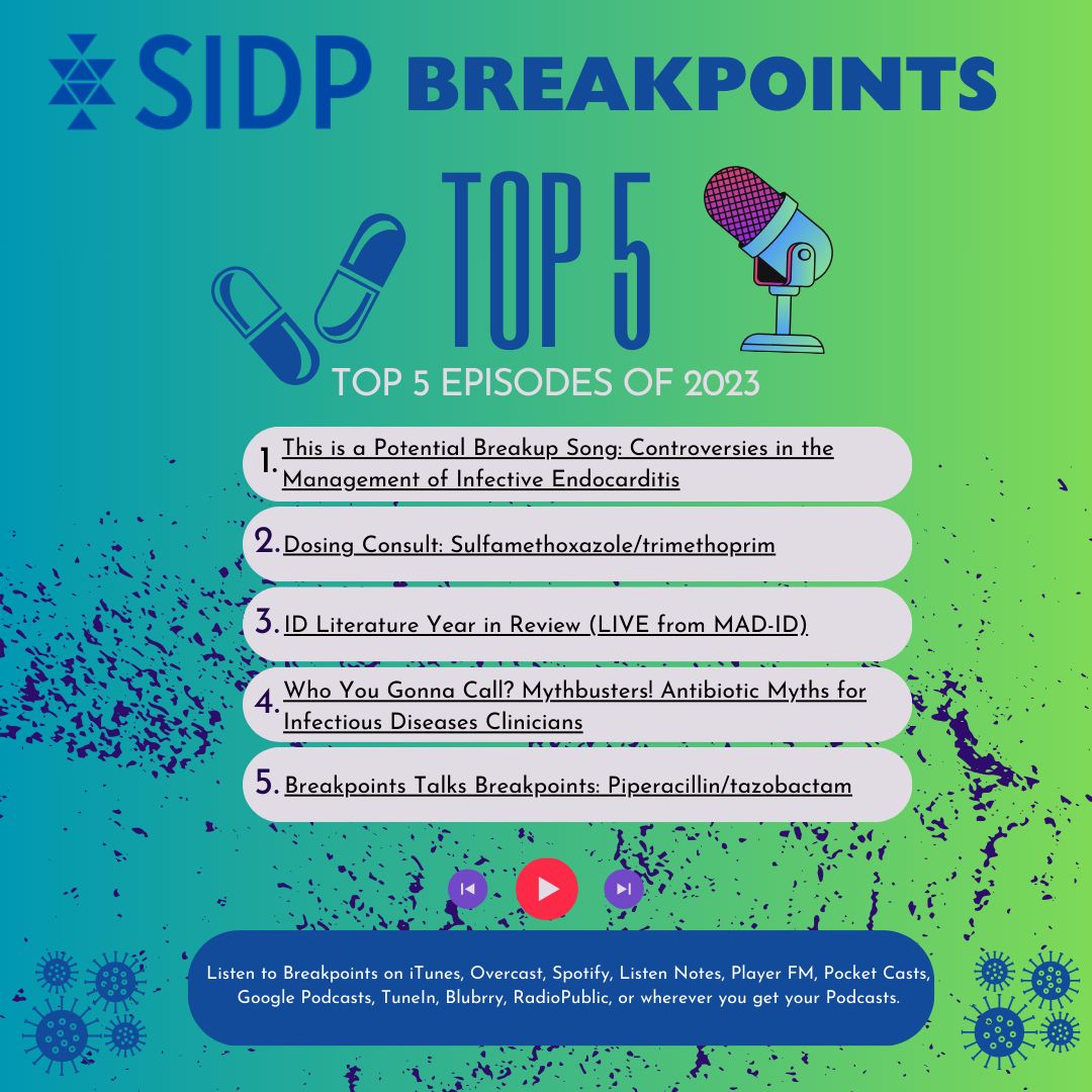SIDPharm's tweet photo. As we kick off 2024, we’re thrilled to continue celebrating the success &amp; growth of @SIDPharm #BreakpointsPod! Listeners from >130 countries! 🤯

We’re so appreciative to everyone’s contributions, listens, &amp; support over the years! Here’s to more ID &amp; stewie nerding out! 💊💙🦠🧫 https://t.co/5tTUVtQYem