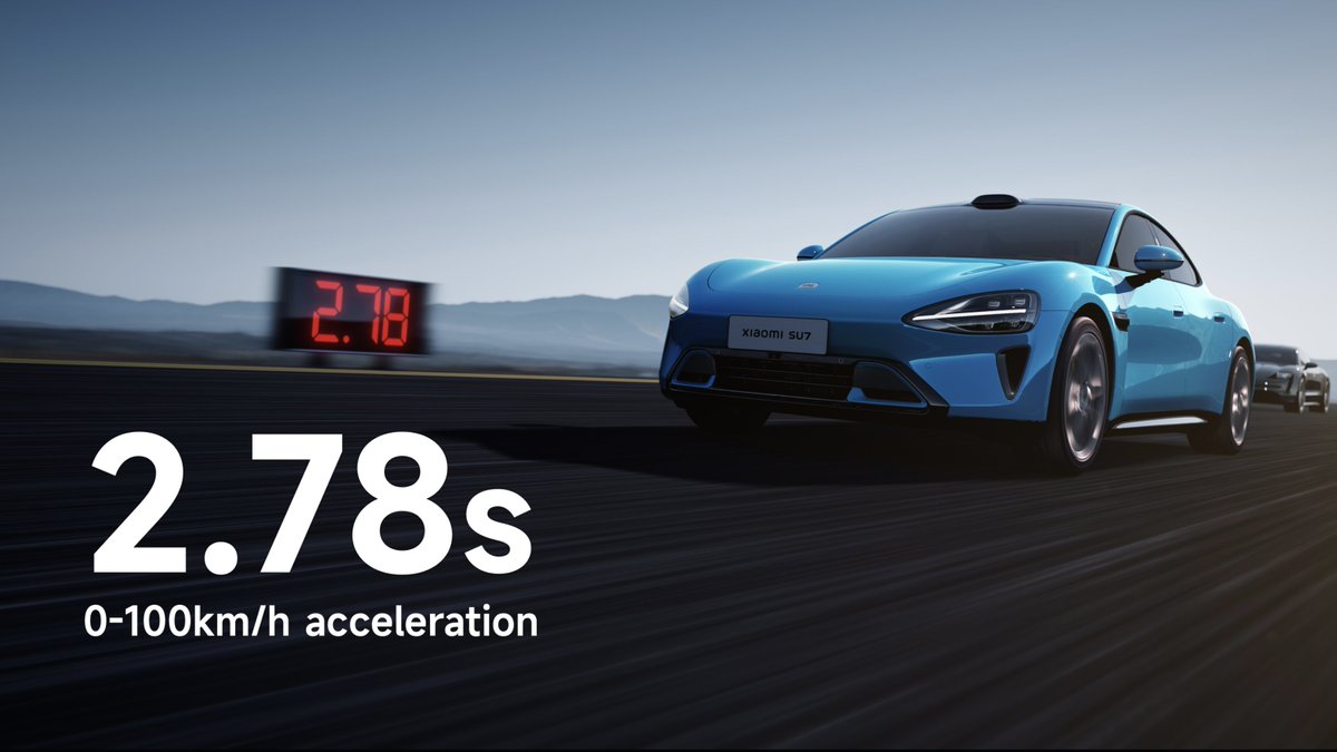 Xiaomi's tweet photo. #XiaomiSU7 goes from 0-100km/h in 2.78 seconds, officially joining the '2s Supercar Club' with a single step.
#XiaomiEVTechnologyLaunch https://t.co/NUk9MvwNRX