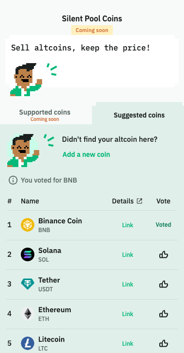 NoonesTech's tweet photo. 🚀 Exciting updates 

🚀incoming! Silent Pool is gearing up to introduce altcoins for P2P trading! Your voice matters - cast your vote for the coins you want to see supported! 🌟

 #Crypto #P2PTrading #SilentPool https://t.co/2bpST9LJrm