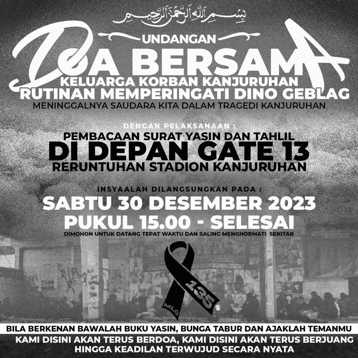 Pada hari Sabtu tanggal 30 Desember, keluarga korban akan mengadakan doa bersama rutinan Sabtu Kliwon, yakni tepat hari geblak (hitungan jawa) Tragedi Kanjuruhan.

Kamu semua diundang!
Datanglah, karena biasanya setelah doa bersama selalu ada forum. 
Beri semangat buat mereka. ❤️