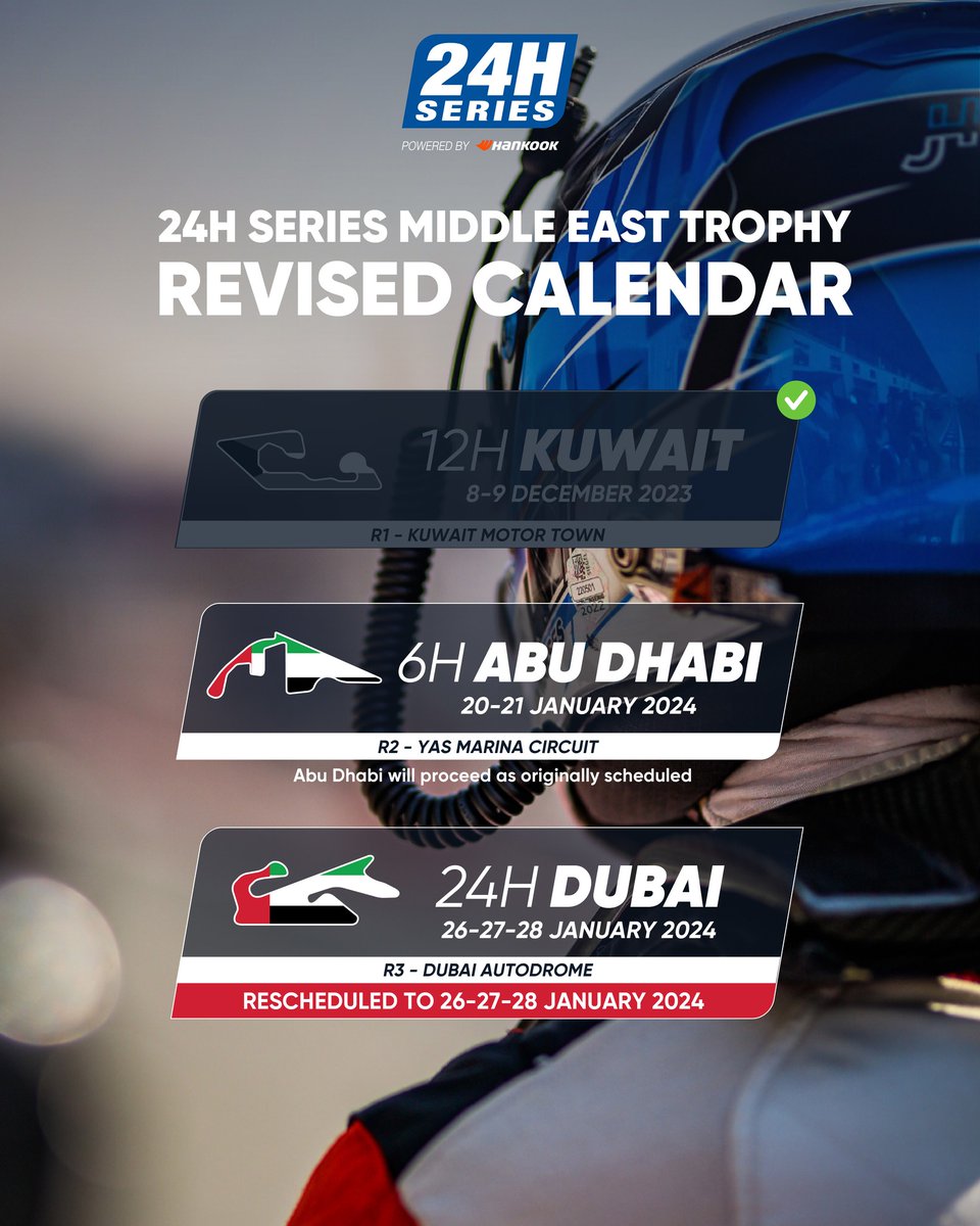 Owing to circumstances beyond its control,
CREVENTIC announces that the 2024 Hankook 24H
DUBAI will now be held on 26-27-28 January 2024.

The Hankook 6H ABU DHABI will remain unaffected,
and will continue to run on 20-21 January, now one
week ahead of the Hankook 24H DUBAI.