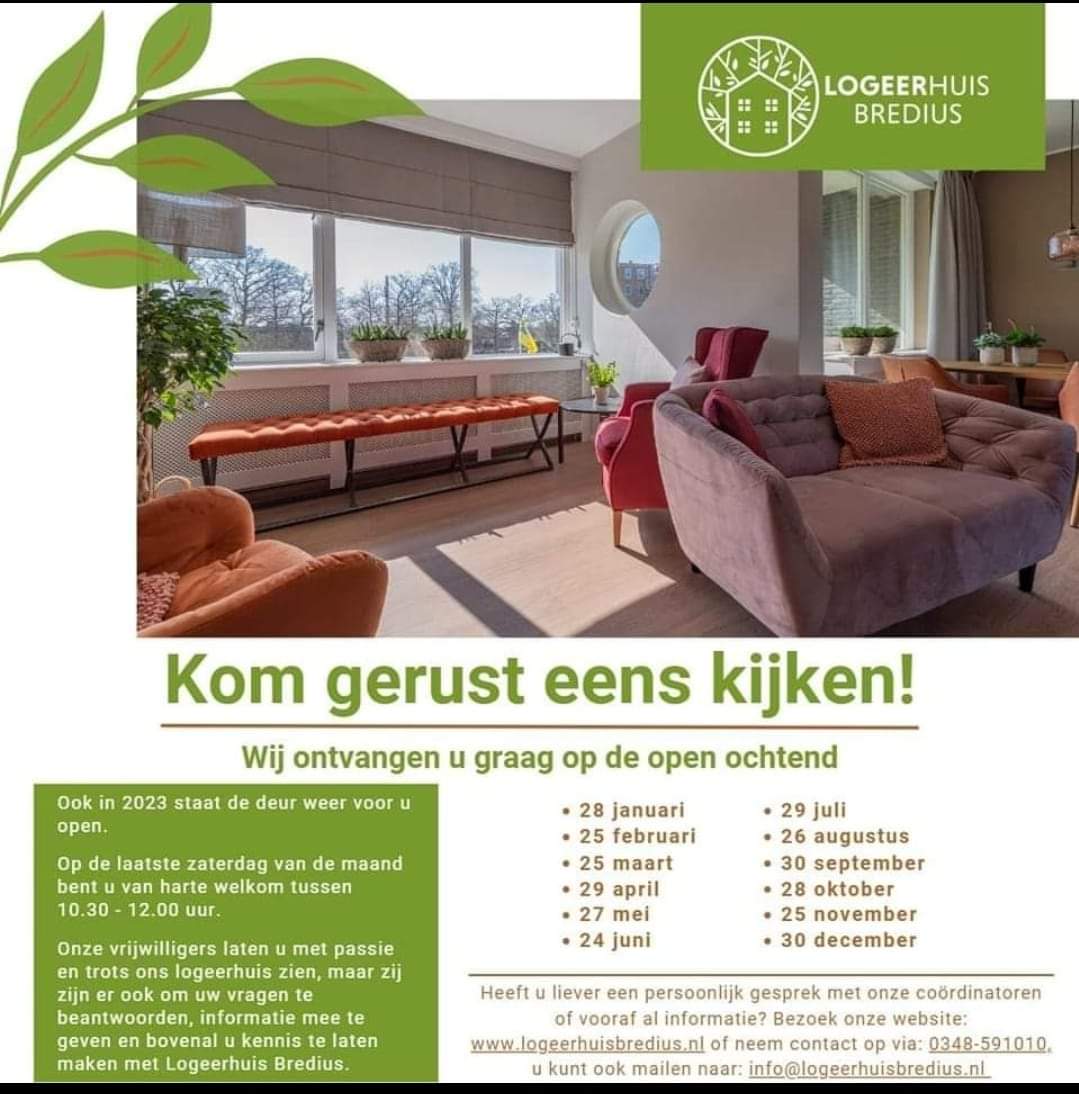 Aanstaande zaterdag staat de koffie weer klaar voor iedereen die sfeer wilt proeven. Een prachtig huis bedoeld om mantelzorgers te ontlasten. Een keer komen logeren? U en uw naaste zijn van harte welkom. Ook voor wie dit mooie vrijwilligers werk wil doen, welkom! Park Oudeland 74