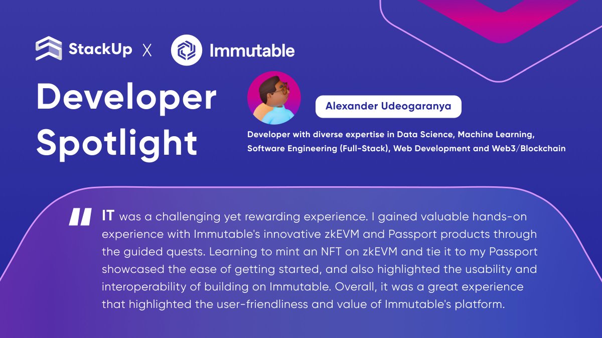 StackUpHQ's tweet image. ⚡ #Devspotlight: Alexander shares about the ease of onboarding into @Immutable as he dived into #web3 gaming, and how his experience with #Immutable&apos;s products highlighted its user-friendliness &amp;amp; interoperability in our last campaign.

What were some of your experiences?🤔