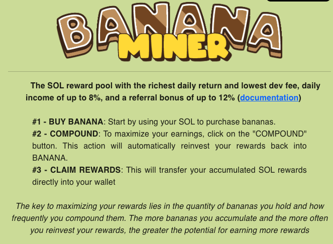 0xKongy's tweet photo. Kongy loves bananas, but kongy also loves ponzis. 

This looks pretty cool, kongy put spare $SOL in @BananaMiner_. Its a @solana staking farm that gives 8% income on staked amount + 12% on referrals. 

Currently APR is 2920% (it should come down as more people farm)
But just based on Daily Return of 8%, you need 12.5 days to take back capital. 

According to my calcs, if you compound your interest daily, you only need 9 days to take back capital. 

They launched 8 hours ago and already 3.5m TVL, this should probably run more as word spreads. For now, the returns are pretty juicy, so dont wait to start farming. 

Here's my ref link:
https://t.co/5WJ59syfiQ

Note that there is no token yet, dont get scammed. But  you are prob farming for token as well. 

nfa, dyor