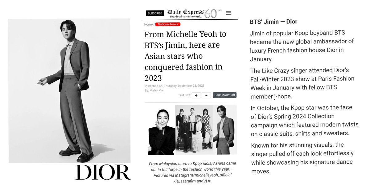 JiminGlobal's tweet photo. Malaysia's Daily Express named Jimin as one of the Asian stars who conquered fashion in 2023!
"The Kpop star is the face of #DiorSpring2024 which featured modern twists on classic suits, shirts, sweaters.
Known for his stunning visuals, the singer pulled off each look effortlessly while showcasing his signature dance moves."