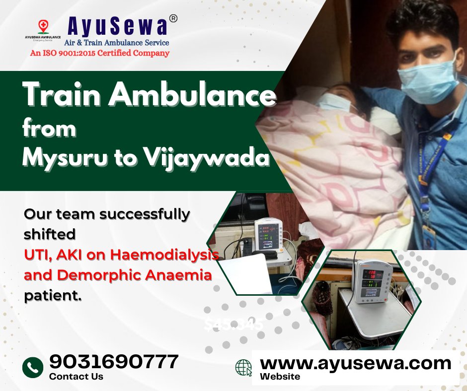 Train Ambulance by #AyuSewa from #Maysuru to #Vijaywada. Our team successfully shifted UTI, and AKI to a Haemodialysis patient.
9031690777
ayusewa.com
#MysuruToVijaywada #MysuruTrainAmbulance #VijaywadaTrainAmbulance #BestOurAmbulance #AmbulanceServiceBest