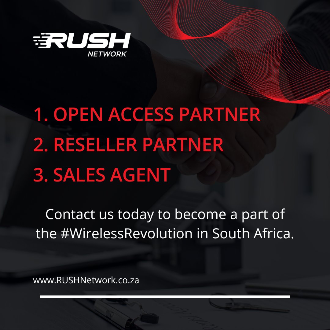RUSH_Network_SA's tweet photo. Here's 3 ways you can 𝑩𝒆𝒄𝒐𝒎𝒆 𝒂 𝑷𝒂𝒓𝒕𝒏𝒆𝒓 𝑰𝑺𝑷 on the RUSH Network:

1️⃣ Open Access Partner
2️⃣ Reseller Partner
3️⃣ Sales Agent

Contact us for more📞
📧 sales@RUSHNetwork.co.za
💻 https://t.co/MgSljaaFz0

#SouthAfrica #wirelessrevolution #NewYearsResolution #WiFi https://t.co/LJOFqRKZsn
