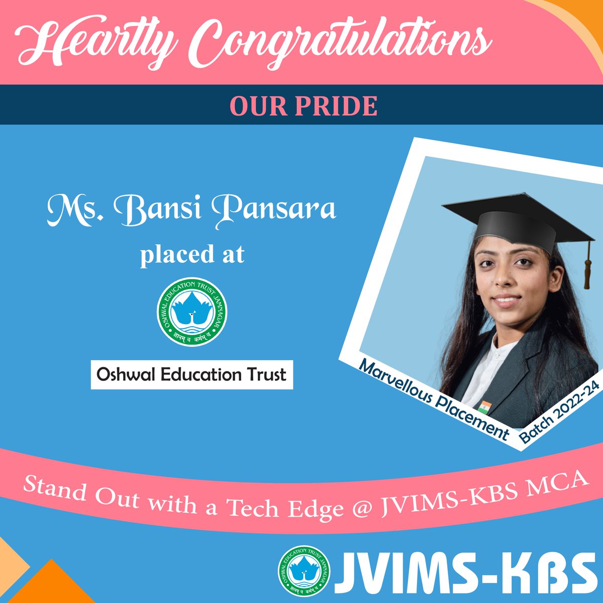JVIMS_MCA's tweet photo. We are proud to share that our Student Ms. Bansi Pansara from MCA Batch 2022-24 is placed 
@ JVIMS-KBS, Jamnagar
CONGRATULATIONS 💐💐💐
JVIMS wishes All the Best for their future endeavours.
#JVIMS #jvimsmca #mca #gtu #OET #placements #skills #batch22-24 #jamnagar #hariacollege https://t.co/g5F9AXiWTS