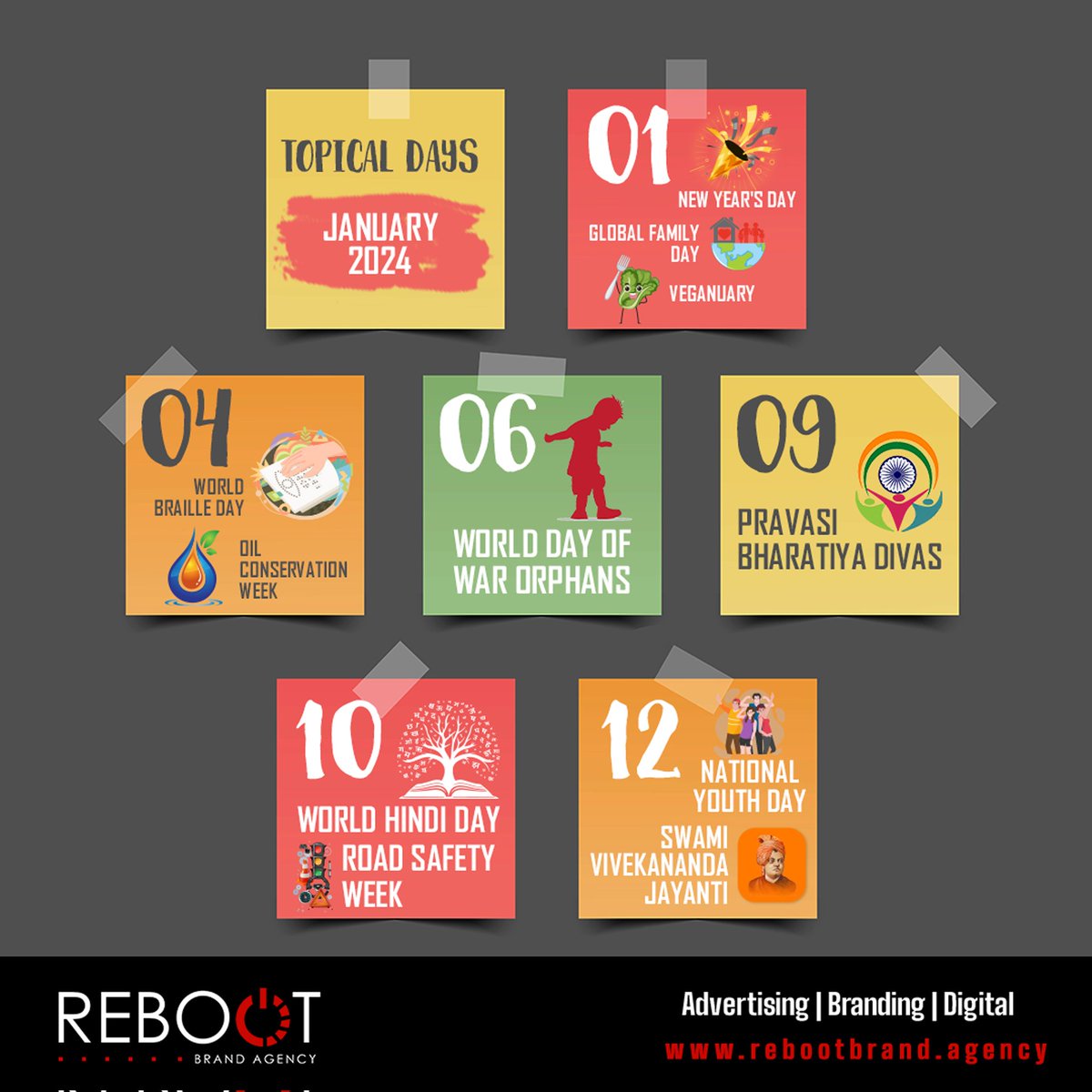 Rebootbrand's tweet photo. Here's a handy guide to #topicaldays falling in January. See you on the other side 😌

#HappyNewYear2024
#TopicalMarketing
#TopicalSpot
#Topical

#RebootBrandAgency
#Advertising
#Branding
#Digital https://t.co/RSwNNM2nDf