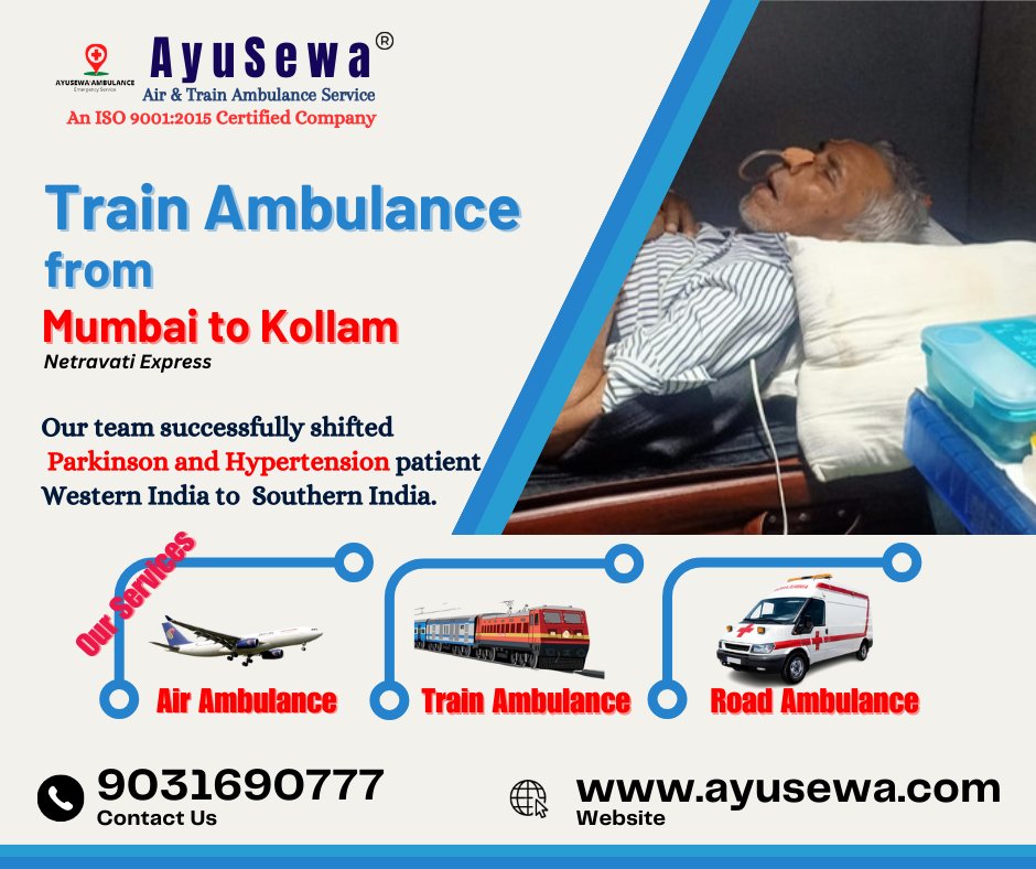 Train Ambulance by #AyuSewa via Netravati Express from #Mumbai to #Kollam. Our team successfully shifted Parkinson's and Hypertension patient.
9031690777
ayusewa.com
#MumbaiToKollam #MumbaiTrainAmbulance #KollamTrainAmbulance #TrainAmbulance #Emergency