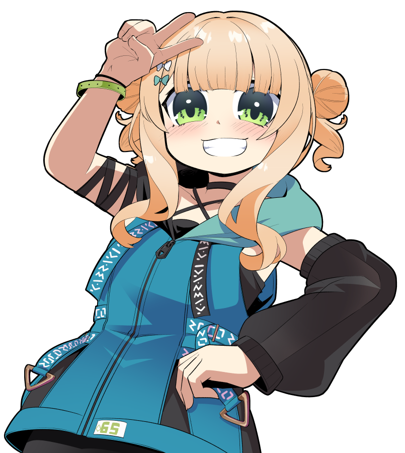 1girl solo hair bun green eyes double bun smile v  illustration images