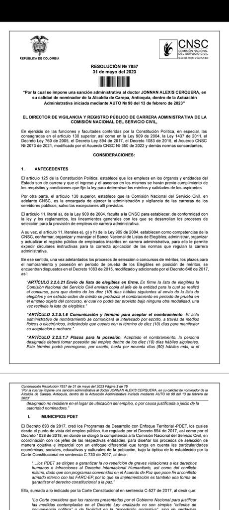 MarioJessRiver1's tweet photo. @CNSCColombia @DAFP_COLOMBIA @MintrabajoCol A ver si se toman la molestia de visitar la alcaldía de Carepa ya que el actual alcalde @Jonnan_Cerquera hizo lo que le dio la gana hasta el último día de su mandato vulnerando el derecho de los elegibles PDET 5ta y 6ta Categoría @petrogustavo https://t.co/xLJWfs7poP