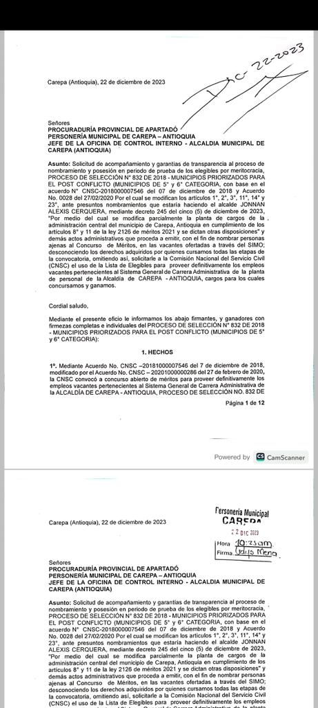 MarioJessRiver1's tweet photo. @CNSCColombia @DAFP_COLOMBIA @MintrabajoCol A ver si se toman la molestia de visitar la alcaldía de Carepa ya que el actual alcalde @Jonnan_Cerquera hizo lo que le dio la gana hasta el último día de su mandato vulnerando el derecho de los elegibles PDET 5ta y 6ta Categoría @petrogustavo https://t.co/xLJWfs7poP