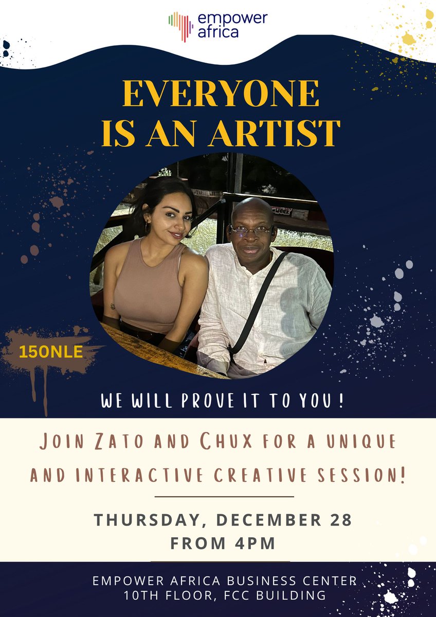 Come to discover and unleash the artist within!

Click the link below to register: 

empowerafrica.com/art-exhibition…

Are you creative? You might be tempted to say no, we all are. 

Join Zato and Chux for a stimulating exploration and be part of a creative, fun and interactive session.