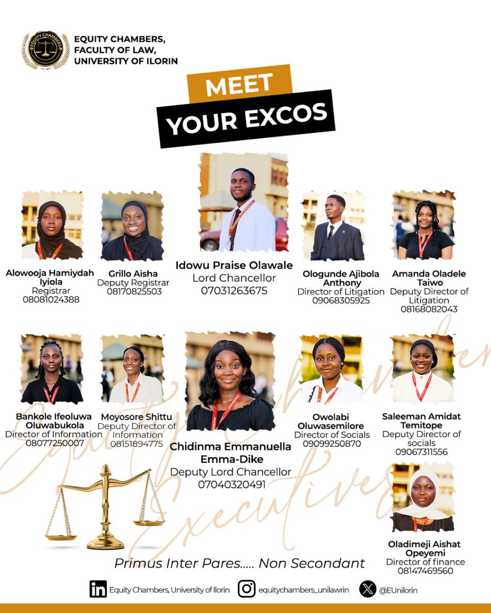 EUnilorin's tweet photo. 🍾✨MEET THE EXECUTIVES
The most distinguished Student Body: Equity Chambers, UNILORIN is thrilled to unveil the faces of the dynamic individuals that will be coordinating the Chambers' activities throughout the 2022/2023 academic session.🥳
#lawstudents
#equitychambers https://t.co/3qqmHnoR7B