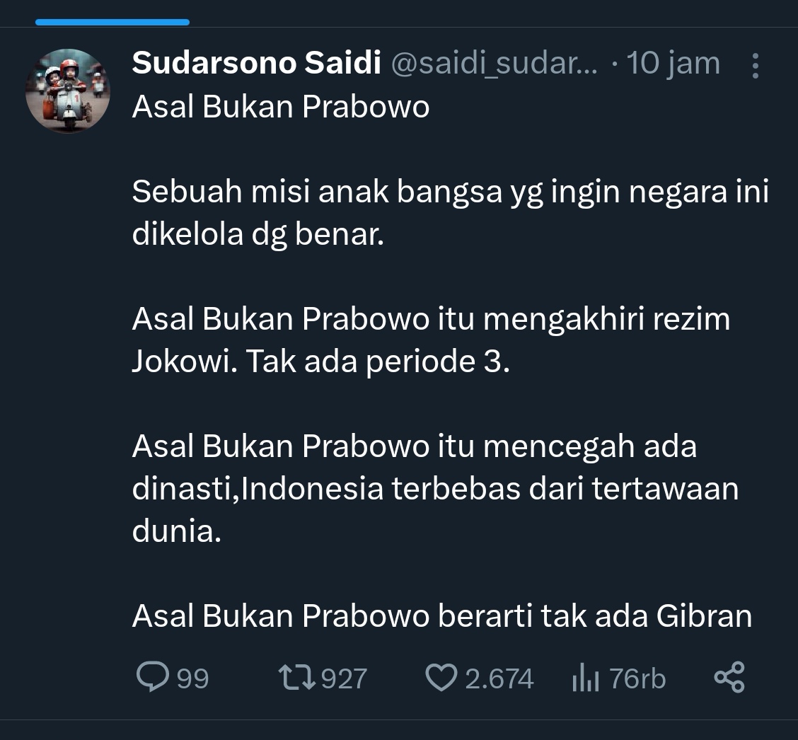 WagimanDeep212_'s tweet photo. Gerakan "Asal Bukan Prabowo" trending di X land, ini bener2 mbikin resah sebelah,
Bahaya efeknya andai bisa sampai ke lapisan akar rumput (masyarakat)...muehehehe https://t.co/QEIVAvauMk