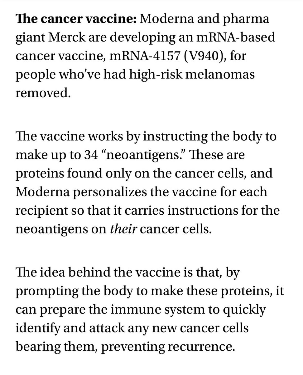 AlecStapp's tweet image. Good news of the day:

Patients receiving a new mRNA vaccine for skin cancer are “49% less likely to experience recurrence or death a median of three years after treatment.”